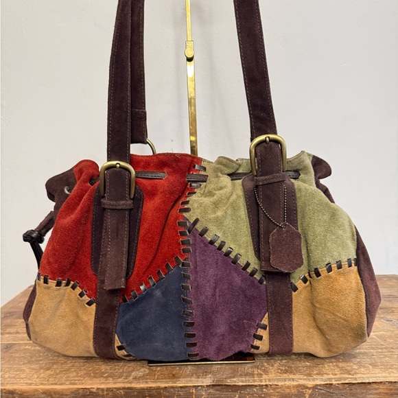 No Brand Handbags - 70's Retro Red Bohemian Style Suede Patchwork Leather Satchel Hobo Shoulder Bag